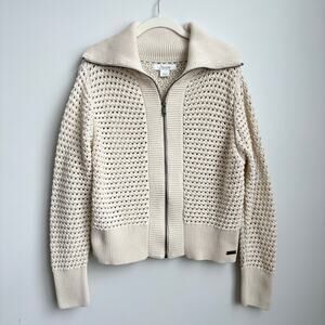 Natural Reflections Summer Nights Oversized Collar Open Knit Full Zip Sweater